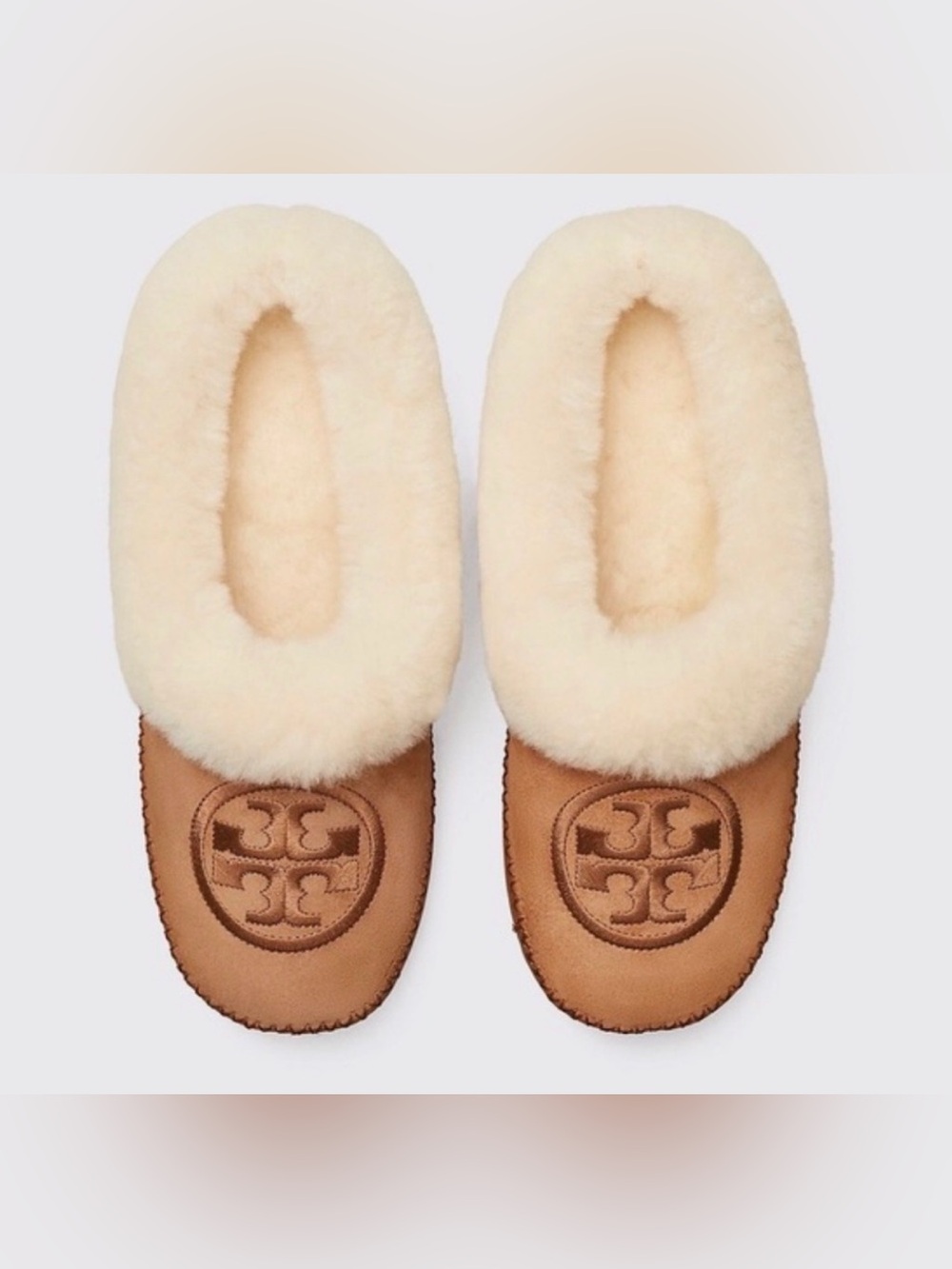 Tory Burch Tan Leather Shearling-Trim Slip-On Slippers